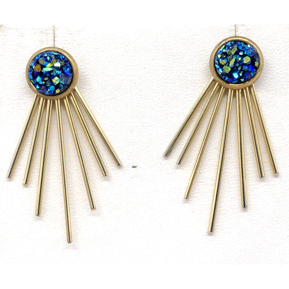 Convertible Earrings Blue Green Druzy Studs Gold Tone Spray Jackets